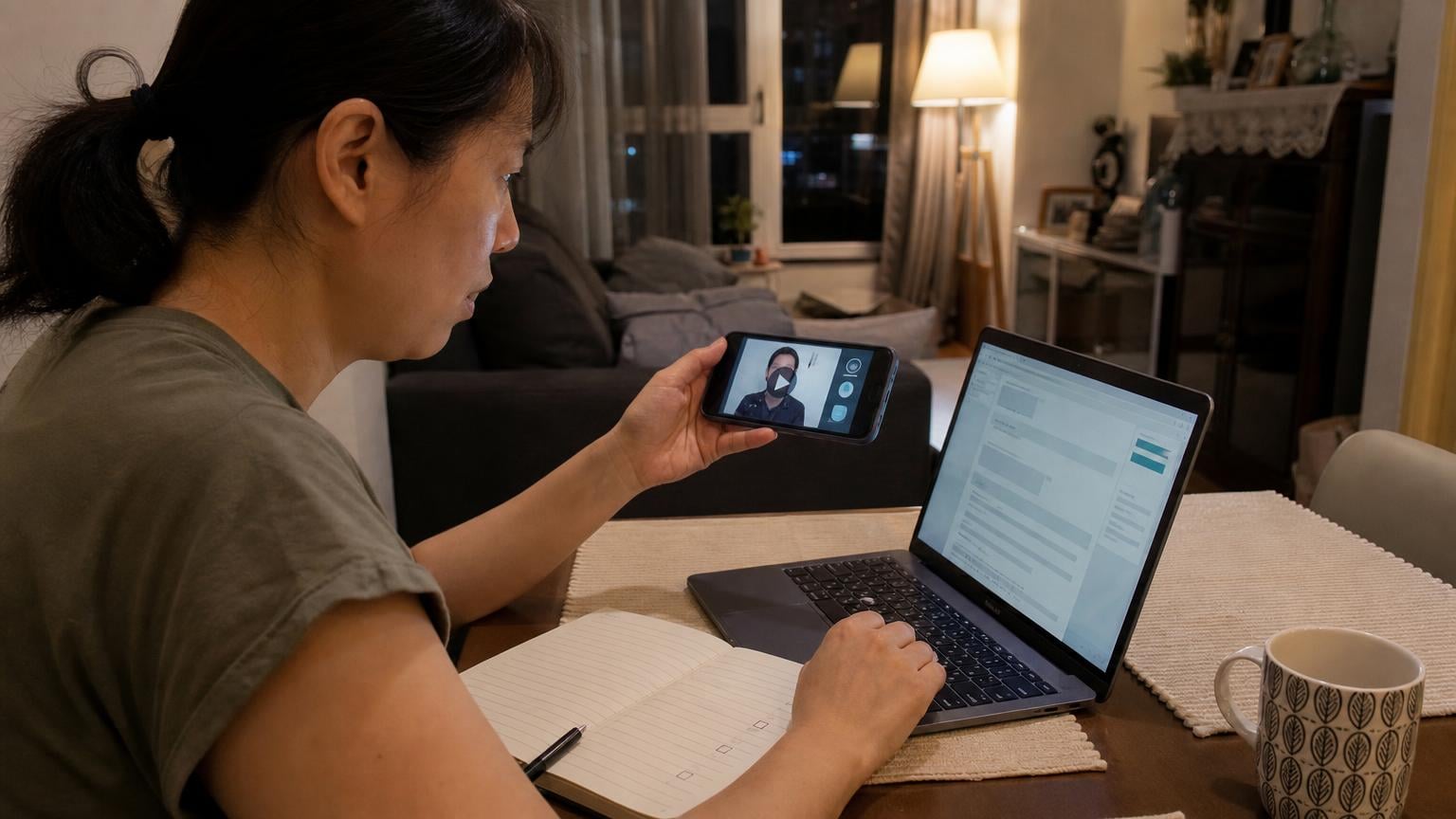 臺灣民眾在客廳用 iPhone 查證疑似 AI 深偽冒名廣告的示意情境照,非真實詐騙案件或受害者